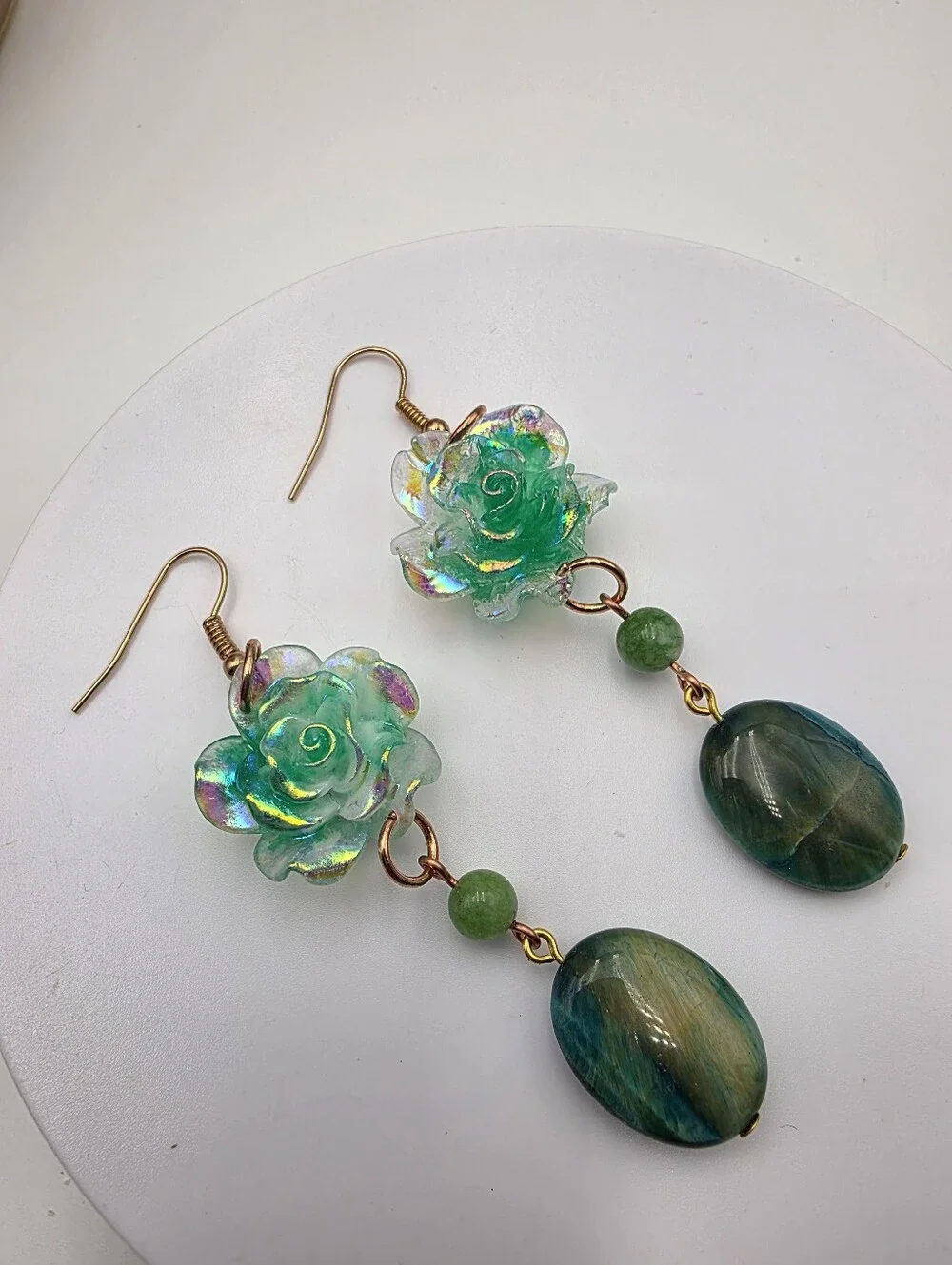 Handmade Iridescent Green Flower Drop Earrings with Green Jasper Stone - Picture 3 of 5
